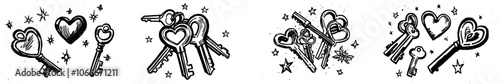 On a light background, forged heart-shaped door keys on a star background represent romantic feelings.