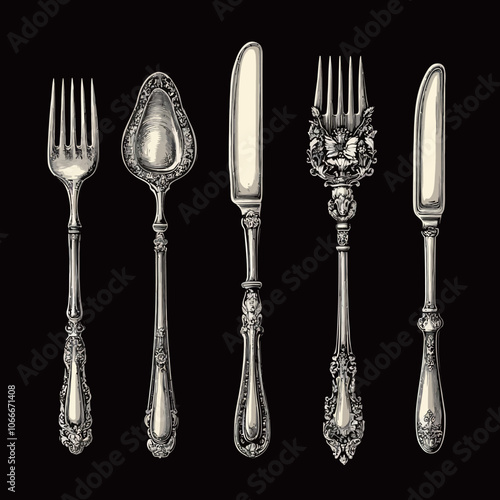 Vintage silverware set isolated on black background. Vector illustration.