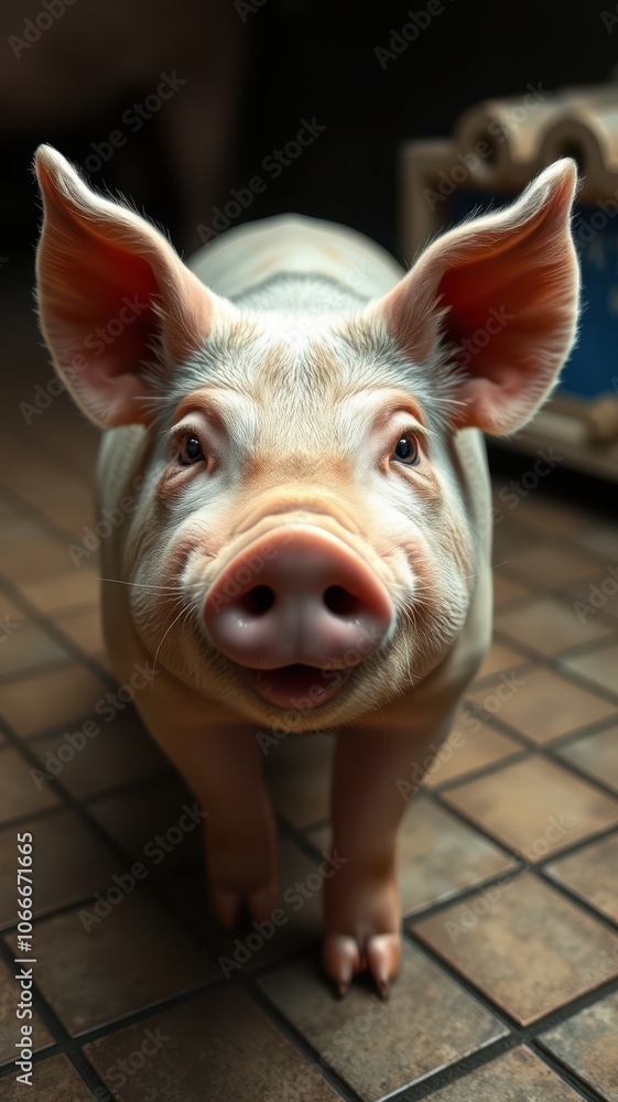A pink piglet stands on a tiled floor, looking up at the camera with a curious expression A pink piglet stands on a tiled floor, looking up at the camera with a curious expression