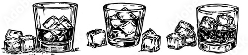 An engraved illustration of a vintage whiskey glass sketch with ice.