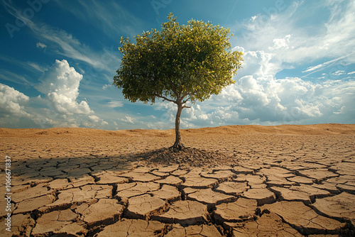 Lone tree standing resilient on cracked earth under a blue sky photo