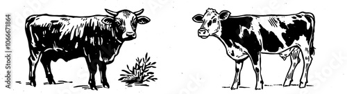 Featured above is a vintage retro print of a cow, bull, beef sketch ink pencil drawing. This is an old-school engrave pencil drawing. The sketch artwork shows a silhouette cow bull. The profile view