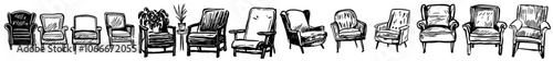 Black and white sketch of modern armchairs in a trendy scandinavian style. Monochrome modern illustration isolated on white.