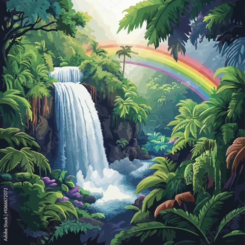 Waterfall in the jungle with palm trees and rainbow. Vector illustration.