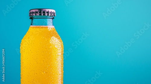 A fresh orange drink bottle with bubbles sits against a bright turquoise background, showcasing its vibrant color and refreshing appeal.