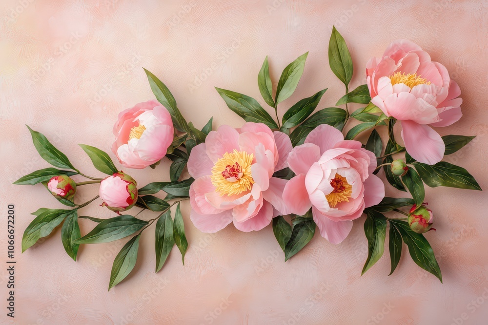 Beautiful pink peonies arranged with green leaves on a soft pastel background. Beautiful pink peonies arranged with green leaves on a soft pastel background.