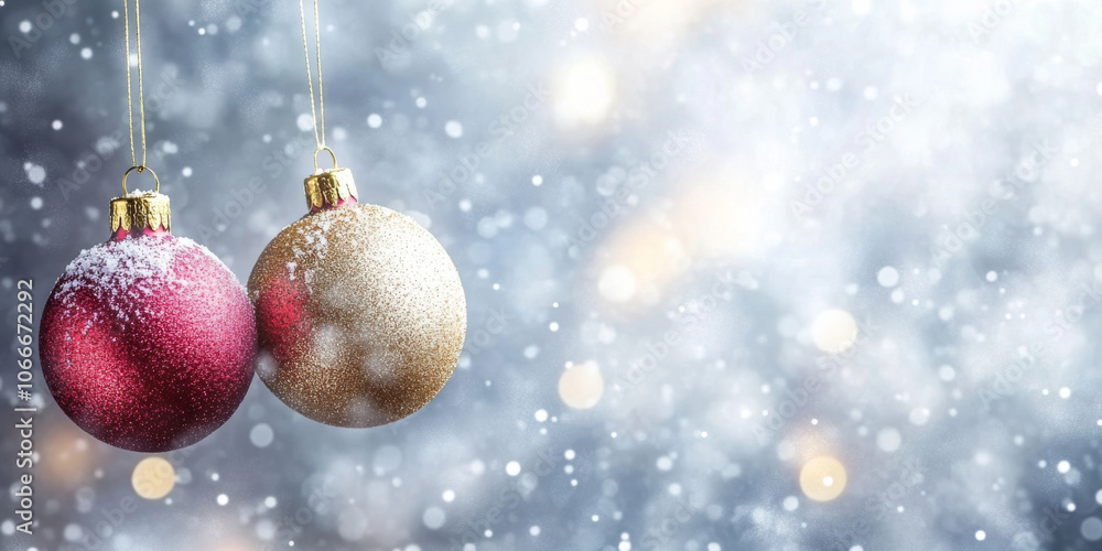 Golden and red Christmas ornaments hanging on a frosty background with gentle bokeh lights Golden and red Christmas ornaments hanging on a frosty background with gentle bokeh lights