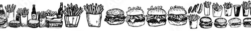 Fast food retro modern illustrations collection isolated on white background. Hand drawn sketches of burgers and fries.