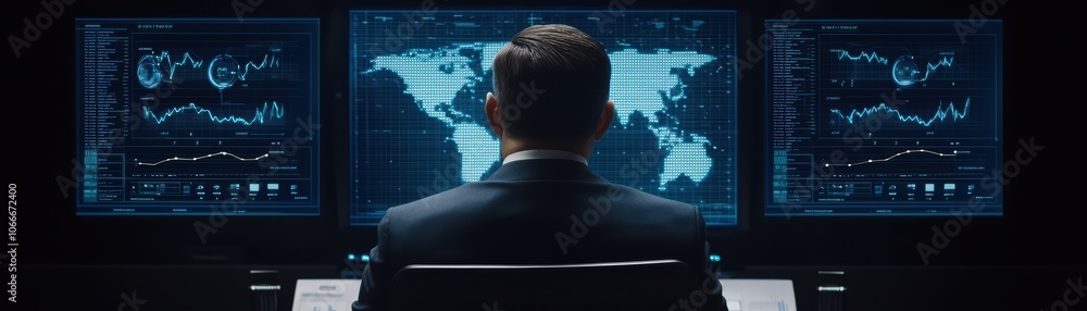 Businessman analyzing global data trends on multiple screens in a modern office setting. Businessman analyzing global data trends on multiple screens in a modern office setting.
