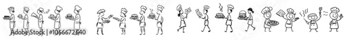 Several cute stick figures of different eating habits. Fast food, healthy food, cook stick man.