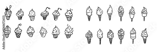 Drawings of ice cream. Different kinds of ice cream such as waffle cones, cup ice creams, popsicles and sundaes. Part of a sketchy cafe menu, a card, a birthday card decoration.