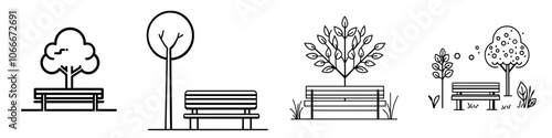 Public park area, with bench, tree, and open space. Editable stroke width.