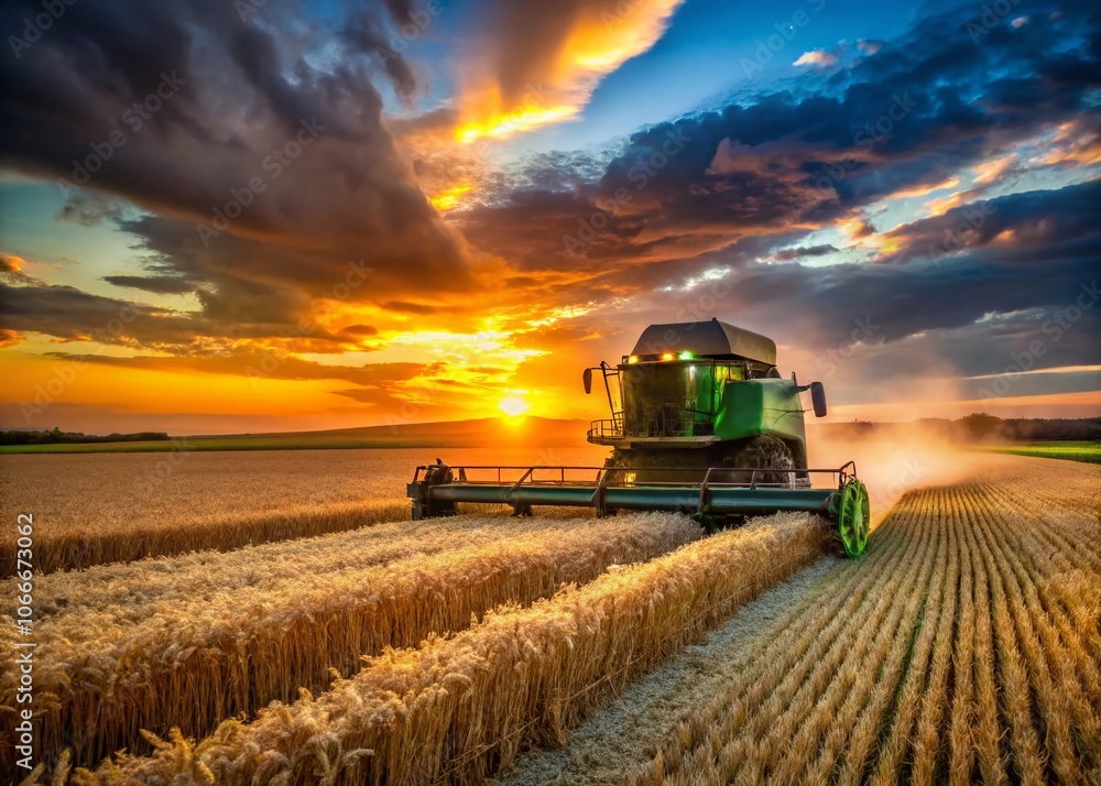Fototapeta premium Low Light Photography of Combine Harvester in Wheat Harvesting Field Amidst Market Crisis in World’s Breadbasket