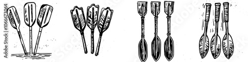 Doodle style oars for kayaks and canoes. River rafting illustration.