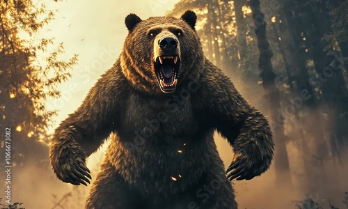 A fierce bear stands in a forest, roaring amidst a misty atmosphere and scattered debris.