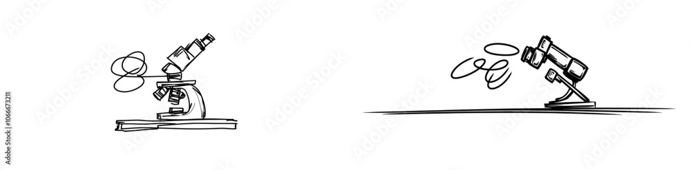 One line drawing of microscope laboratory. Modern illustration of microscopes. Concept of microbiology and medical research. One line drawing of microscope laboratory. Modern illustration of microscopes. Concept of microbiology and medical research.