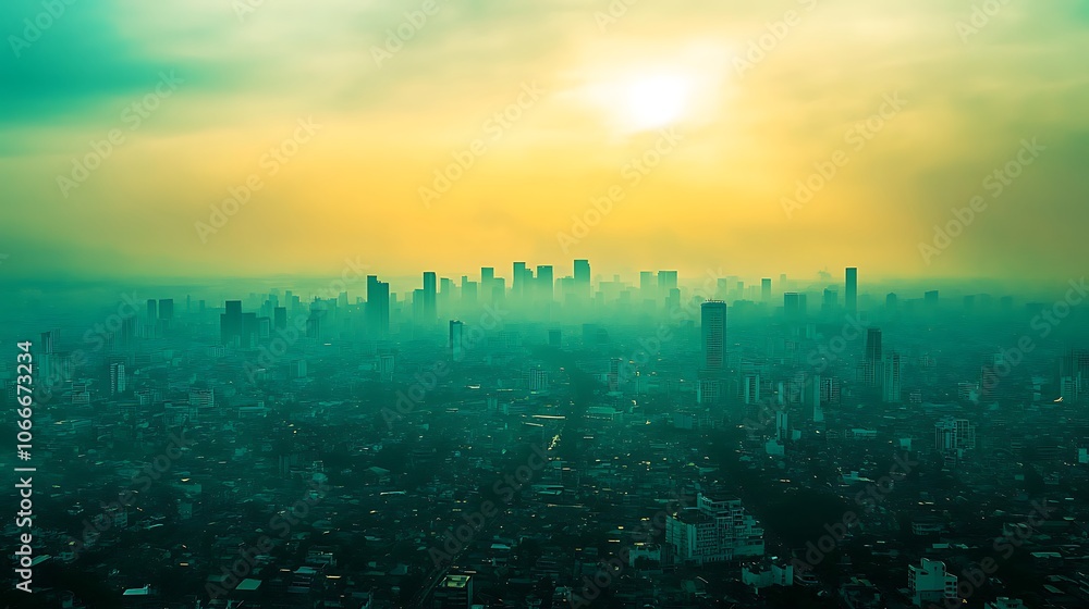 An aerial view of a city with a visible haze of pollution hanging over it, obscuring the skyline. An aerial view of a city with a visible haze of pollution hanging over it, obscuring the skyline.