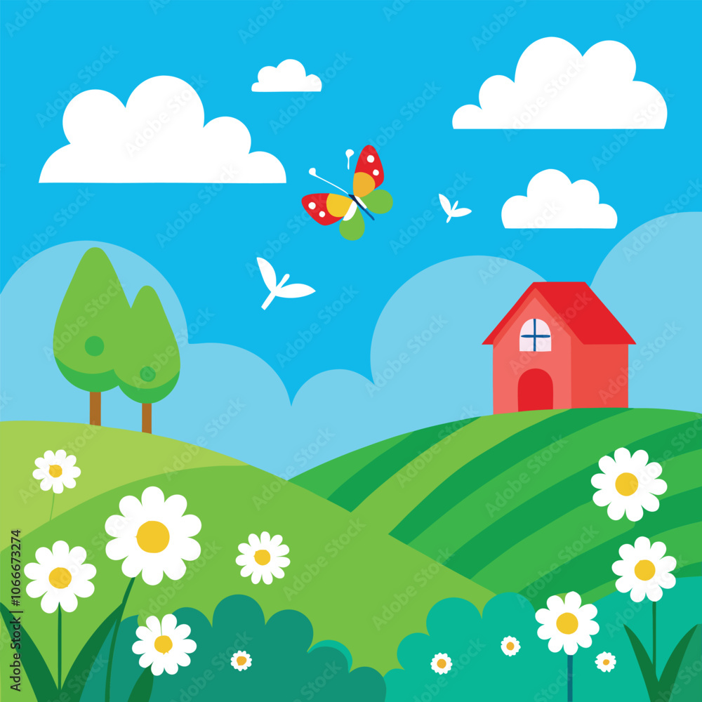 a serene green landscape beneath a blue sky with white clouds. In the foreground, focus on a field of tall grass and scattered white daisies a serene green landscape beneath a blue sky with white clouds. In the foreground, focus on a field of tall grass and scattered white daisies