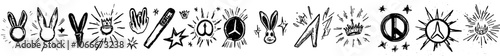 Modern set of black urban and street culture elements. Snake, skull, crown and rabbit head, lightning bolt, question mark, winged heart. Eye, diamond, cross.