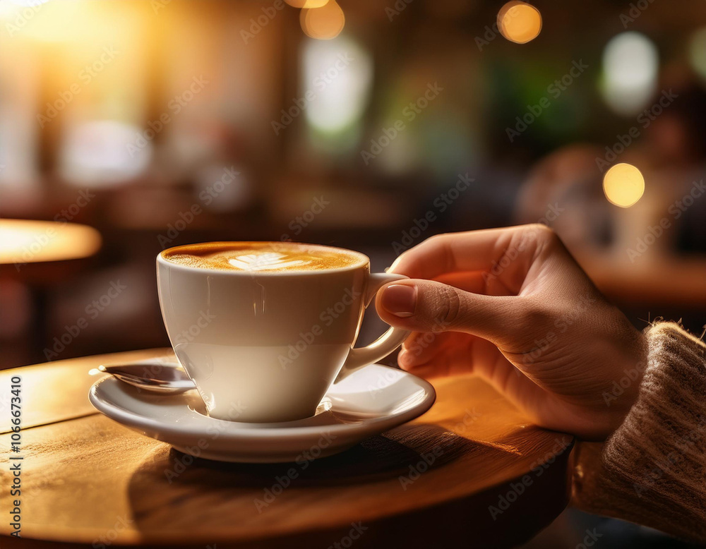 Una mano sosteniendo una taza de café caliente en una cafeteria con ambiente calido y fondo desenfocado con luces Una mano sosteniendo una taza de café caliente en una cafeteria con ambiente calido y fondo desenfocado con luces
