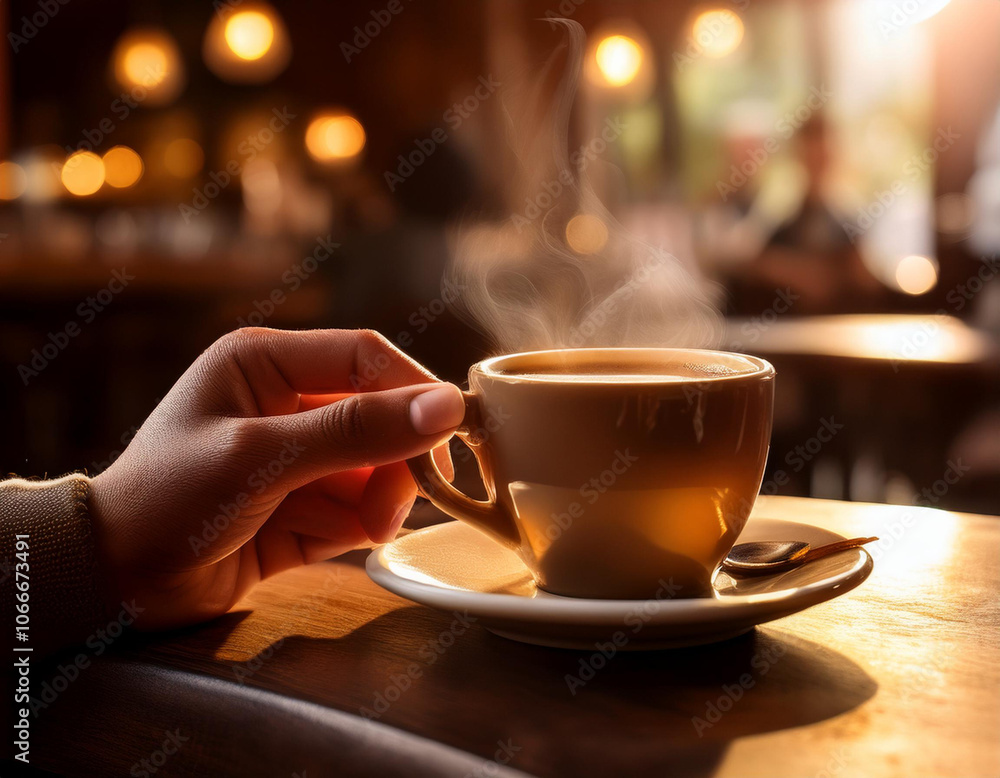Una mano sosteniendo una taza de café caliente en una cafeteria con ambiente calido y fondo desenfocado con luces Una mano sosteniendo una taza de café caliente en una cafeteria con ambiente calido y fondo desenfocado con luces