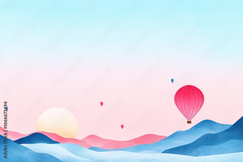 Obraz premium Colorful hot air balloons soar over tranquil mountains at sunset, creating a peaceful and dreamy atmosphere.