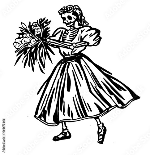 Detailed modern illustration of skeleton dancing isolated hand-drawn sketch.