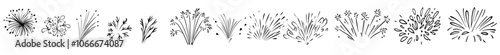 Doodle drawing of a sparkler, a firework, a hand, a celebration, and a fire, isolated on a white background.
