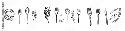 An illustration of a spoon, fork, and plate from a restaurant menu. Hand drawn icons for table setting.