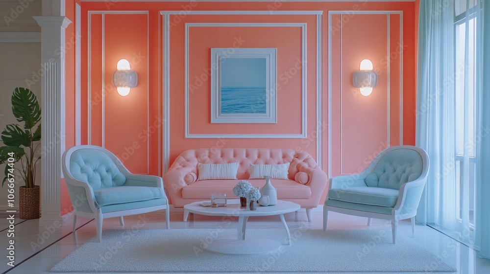 Fototapeta premium Elegant Living Room with Pink Walls, White Trim, and Blue Accents