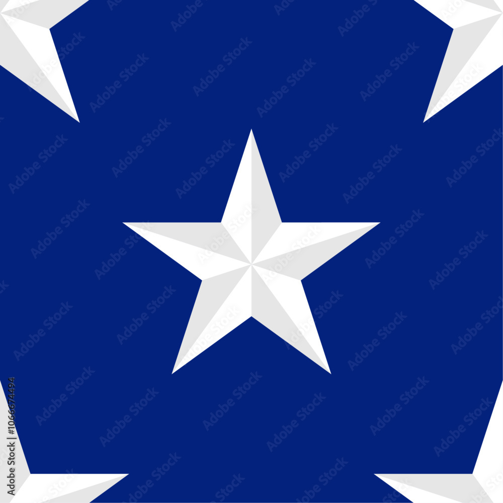 Patrón de estrellas blancas con sombra y de 5 vértices sobre fondo azul. Estampado de estrellas de 5 puntas