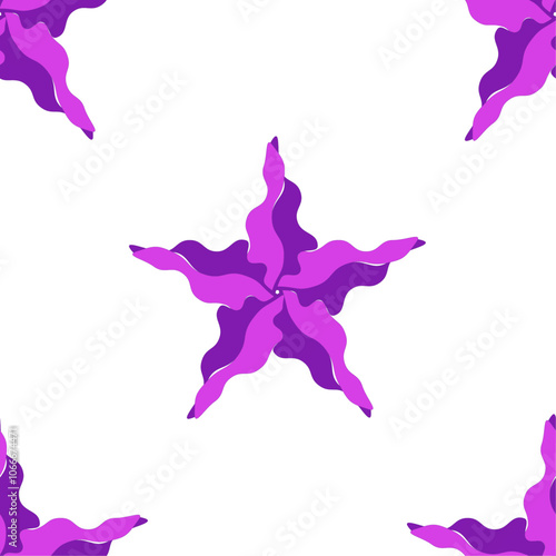 Patrón de estrellas irregulares de 5 vértices en morado y 
fucsia sobre fondo blanco. Estampado de estrellas irregulares sobre fondo blanco