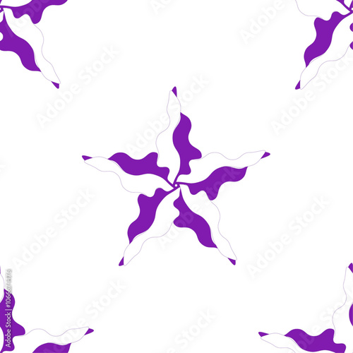Patrón de estrellas irregulares de 5 vértices en morado y 
blanco sobre fondo blanco. Estampado de estrellas moradas y blancas sobre fondo blanco