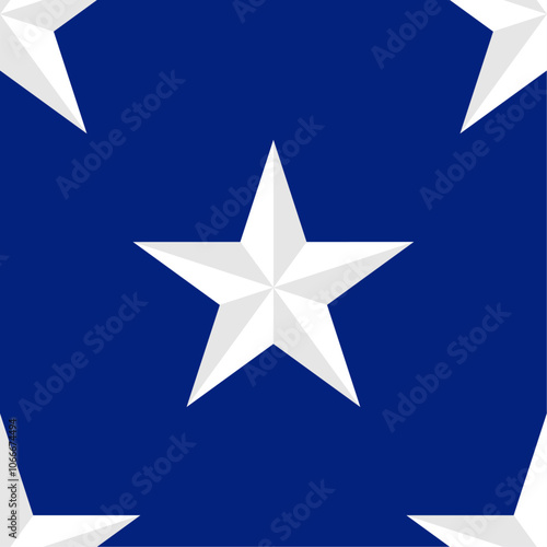 Patrón de estrellas blancas con sombra y de 5 vértices sobre fondo azul. Estampado de estrellas de 5 puntas