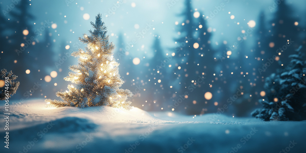 A snow-covered Christmas tree in a winter wonderland, with soft falling snowflakes creating a magical atmosphere A snow-covered Christmas tree in a winter wonderland, with soft falling snowflakes creating a magical atmosphere