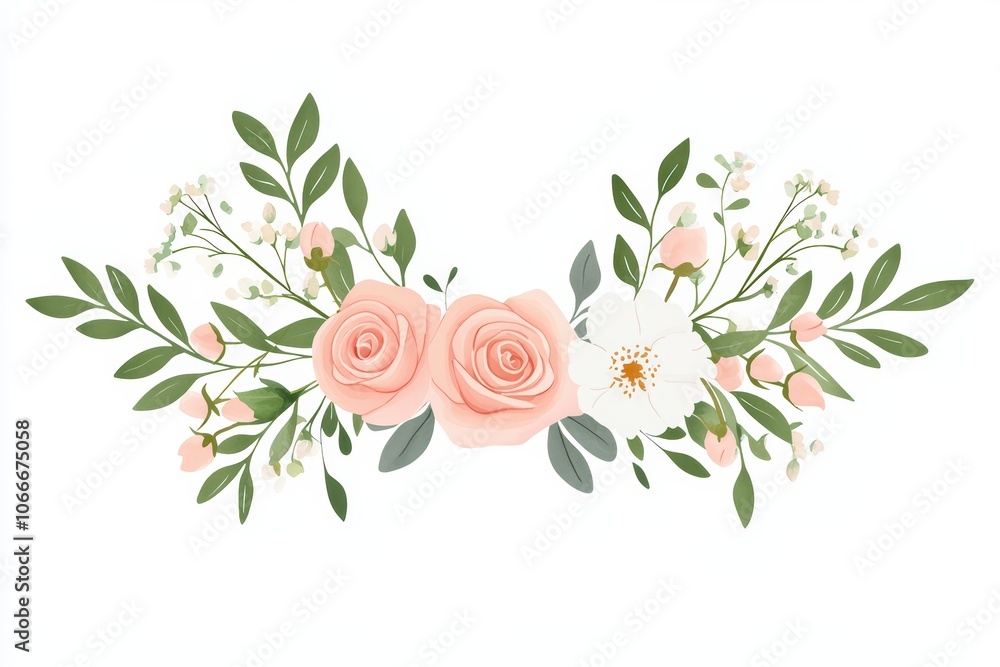Delicate floral arrangement with pink roses and greenery on a white background. Delicate floral arrangement with pink roses and greenery on a white background.
