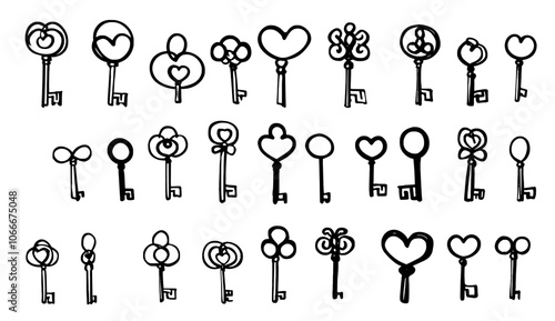 A series of hand drawn silhouette keys of different types, sizes, and designs.