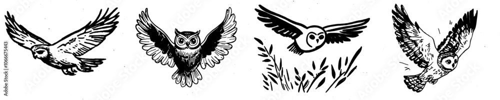 Fototapeta premium Black and white silhouette of a flying owl on a white background