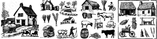 Set of hand drawn landscapes, villages, and animals on a farm
