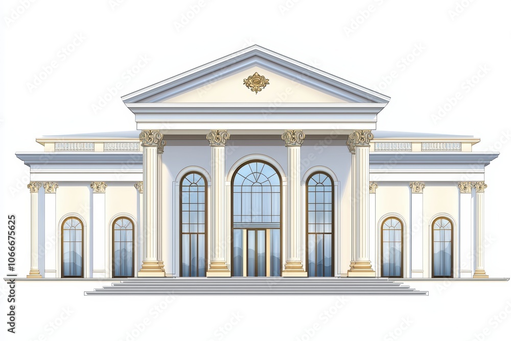 Obraz premium Elegant classical building with grand columns and large windows, detailed architectural design, white background.