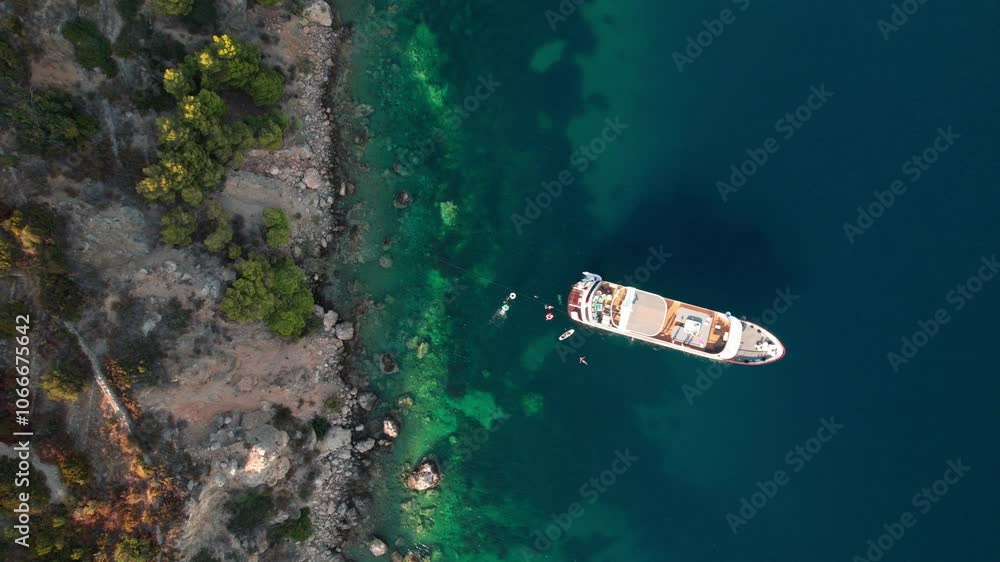 Ferry Boat In Adriatic Coast In Croatia - Aerial Top Down Ferry Boat In Adriatic Coast In Croatia - Aerial Top Down