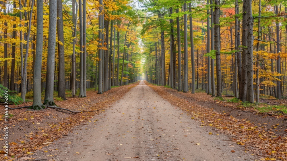 Naklejka premium Dirt forest path lined with tall trees showing autumn colors. The long trail stretches into the distance, framed by orange and yellow leaves, creating a warm and inviting natural scene.