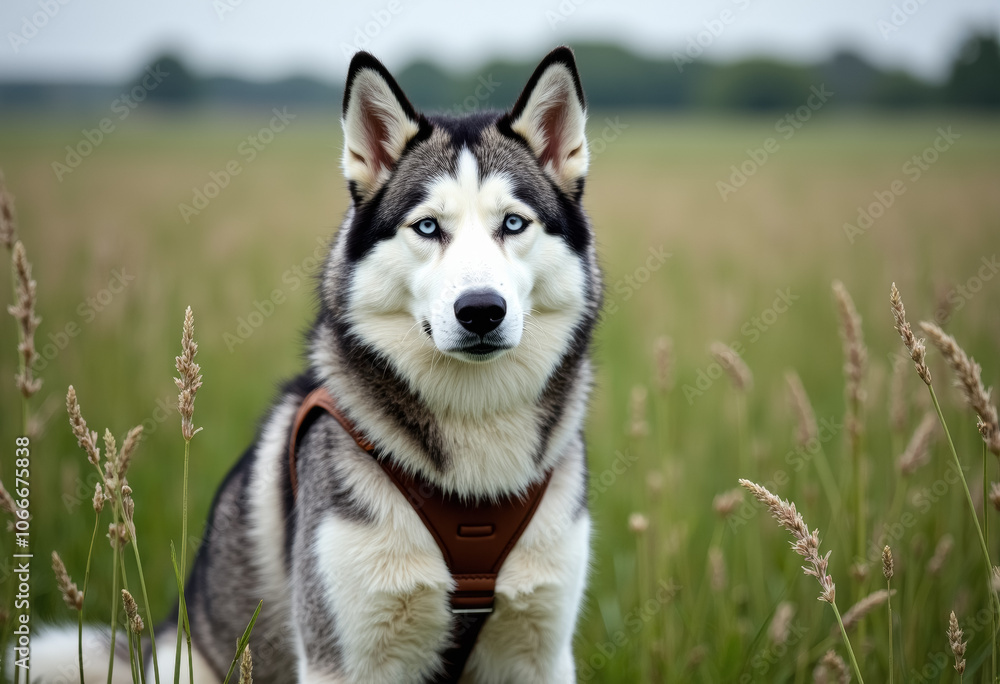 A calm, attentive Husky dog in a field, wearing a harness. A calm, attentive Husky dog in a field, wearing a harness.