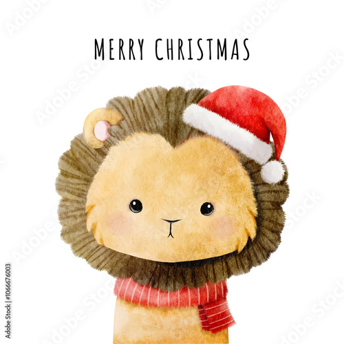 Christmas watercolor animal design with cute lion. Cute kids illustration,perfect for greeting or post cards, prints on t-shirts, phone cases,book and other. Hand drawn baby vector photo