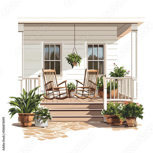 Wooden house with terracechairs and plants. Vector illustration. 