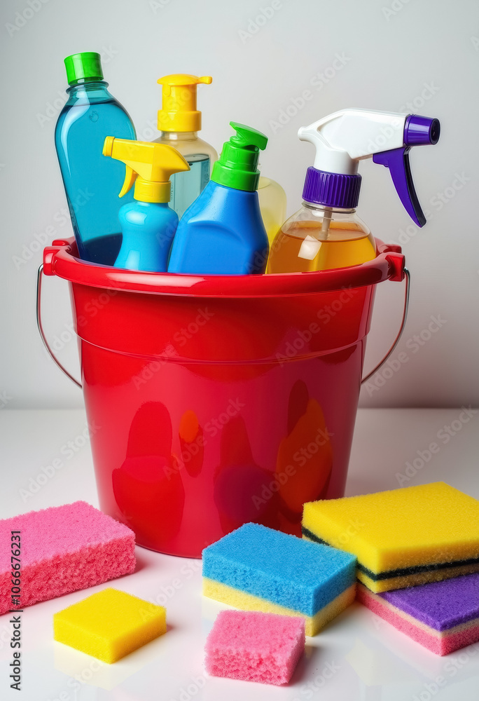 Cleaning supplies in a bucket Cleaning supplies in a bucket