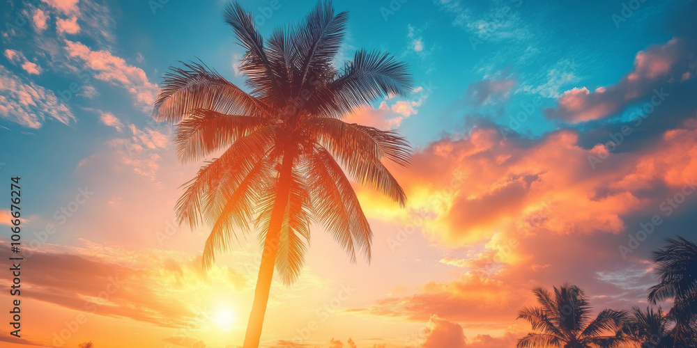 Bright tropical sunset background with palm trees and vibrant colors, perfect for summer-themed projects Bright tropical sunset background with palm trees and vibrant colors, perfect for summer-themed projects