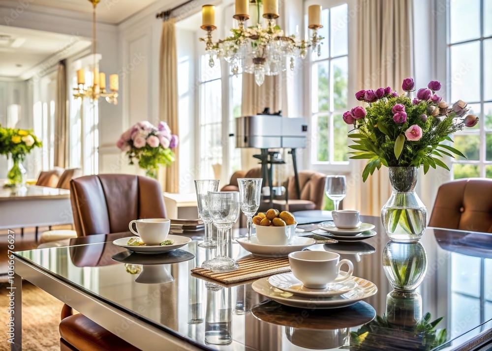 Fototapeta premium Luxurious White House Dining Table Set with Espresso Machine, Elegant Coffee Pouring, Modern Interior Design, Chic Home Decor, Stylish Tableware, Perfect for Entertaining Guests