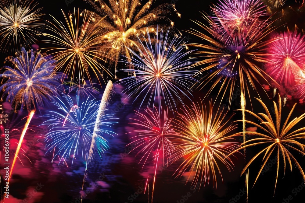 Fototapeta premium Fireworks Illustration. Colorful Explosions at Midnight Celebration for New Year Holiday