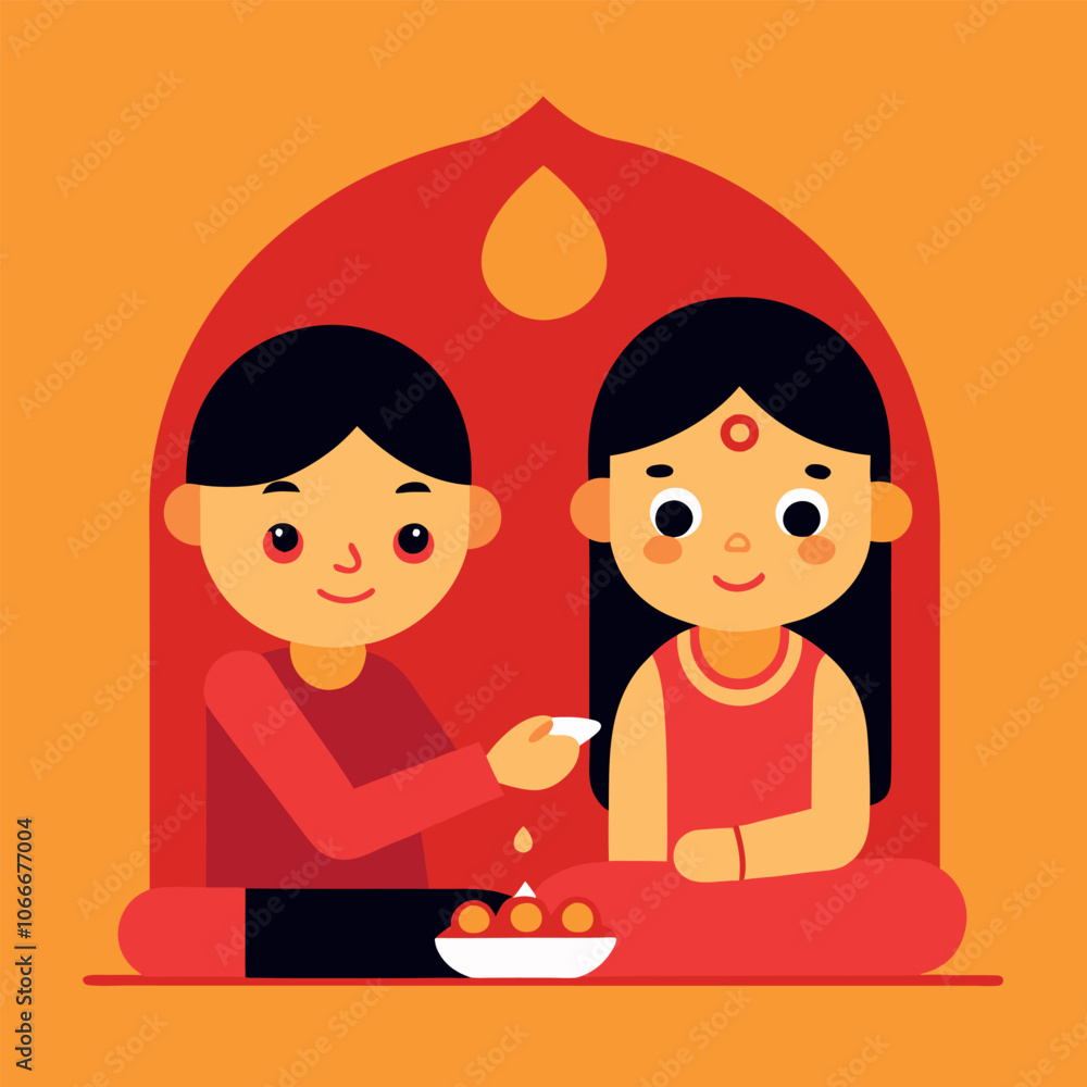a vector art illustration celebrating Bhai Dooj, showing a sister and brother in traditional attire seated on the floor a vector art illustration celebrating Bhai Dooj, showing a sister and brother in traditional attire seated on the floor